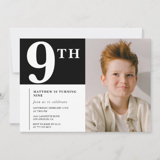 Elégante invitation 9e anniversaire Black Boy Phot (Devant)