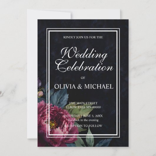 Elégante invitation au mariage à fleurs rose foncé (Devant)