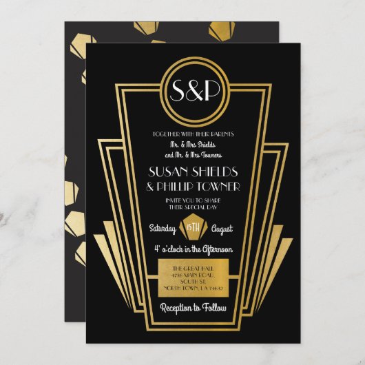 Elégante invitation au mariage Art Déco Gold Noir (Devant / Derrière)