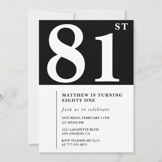Elégante invitation Black White 81e anniversaire (Devant)