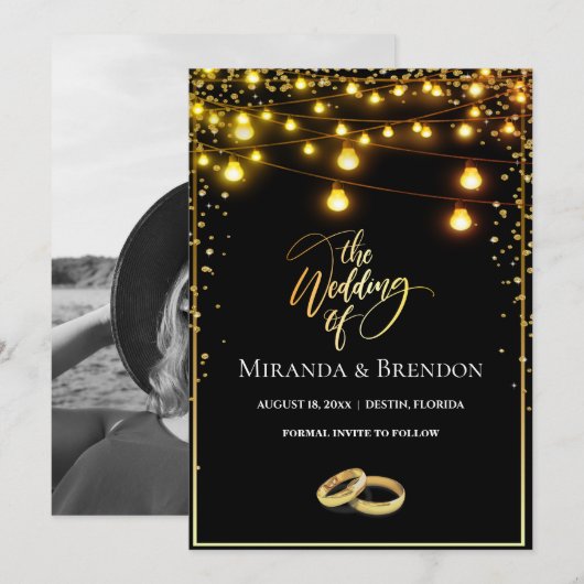 Élégante invitation confetti ocre noir et or (Devant / Derrière)
