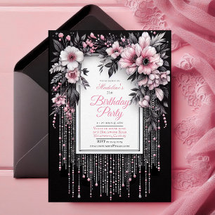 Elégante Invitation d'anniversaire de florale noir
