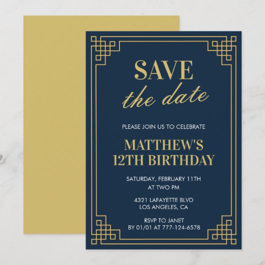 Élégante invitation de 12e anniversaire Garçon Enr (Devant / Derrière)