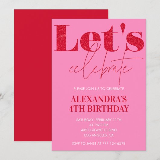 Elégante invitation de 4ème anniversaire Pink Part (Devant / Derrière)