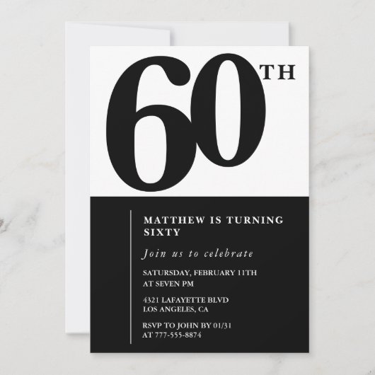 Elégante invitation de 60e anniversaire Black Chic (Devant)