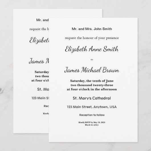 Élégante invitation de mariage (Devant / Derrière)