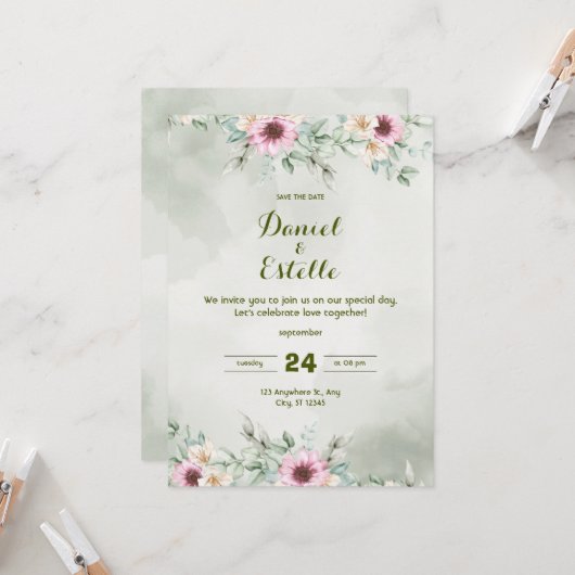 Élégante invitation de mariage à l'aquarelle flora (Devant/Arrière en situation)