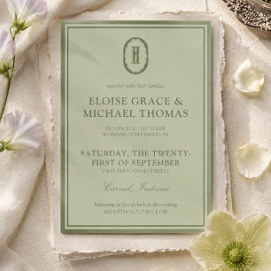 Élégante invitation de mariage au monogramme vert 