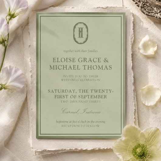 Élégante invitation de mariage au monogramme vert 