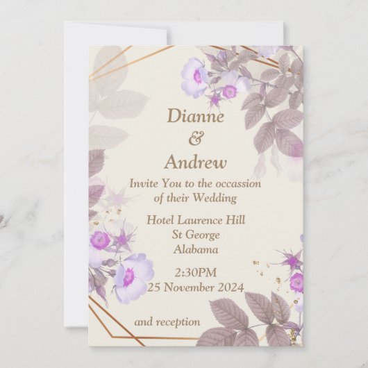 Elégante invitation de mariage, beige, violet (Devant)