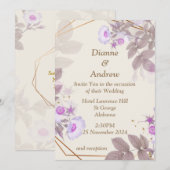Elégante invitation de mariage, beige, violet (Devant / Derrière)