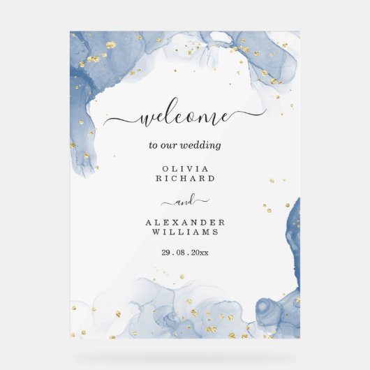 Elégante invitation de mariage Bleu et minimal or (Recto)