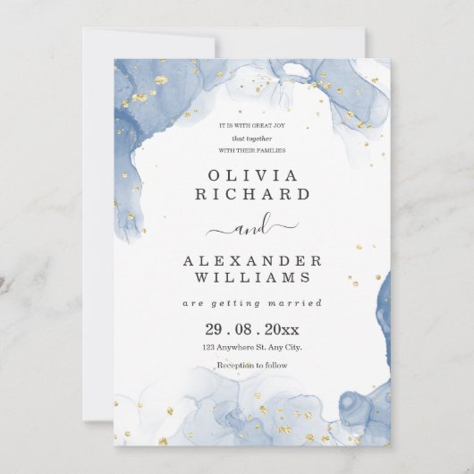 Elégante invitation de mariage Bleu et minimal or (Devant)