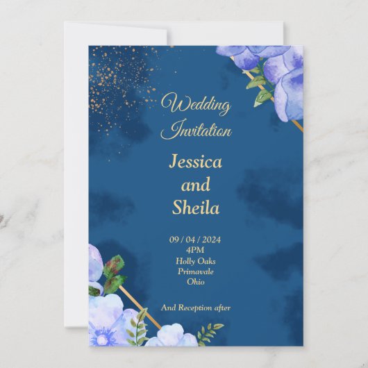 Elégante invitation de mariage, bleu, fleurs bleue (Devant)