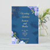 Elégante invitation de mariage, bleu, fleurs bleue (Debout devant)