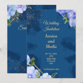 Elégante invitation de mariage, bleu, fleurs bleue (Devant / Derrière)