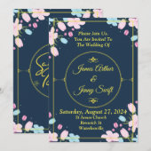 Elégante invitation de mariage, bleu, or, rose (Devant / Derrière)