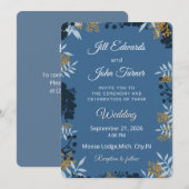 Élégante invitation de mariage botanique bleue  (Devant / Derrière)