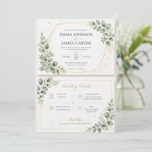 Élégante invitation de mariage botanique vert saug (Debout devant)