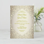 Élégante invitation de mariage décorative beige or (Debout devant)