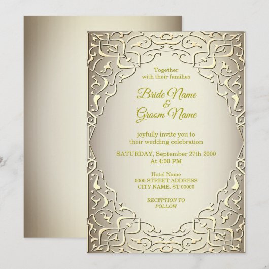 Élégante invitation de mariage décorative beige or (Devant / Derrière)