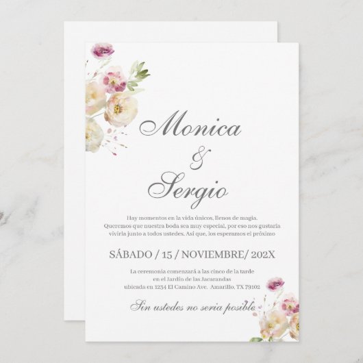 Elégante invitation de mariage en espagnol (Devant / Derrière)
