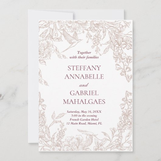 Élégante invitation de mariage florale beige minim (Devant)