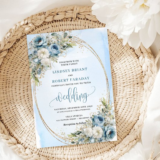 Élégante invitation de mariage florale bleu poussi