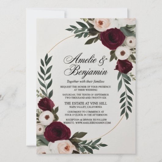 Élégante invitation de mariage florale bordeaux et (Devant)