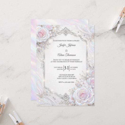 Élégante invitation de mariage florale iridescente (Devant/Arrière en situation)