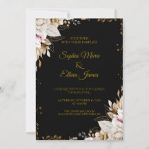 Élégante invitation de mariage florale noire et or