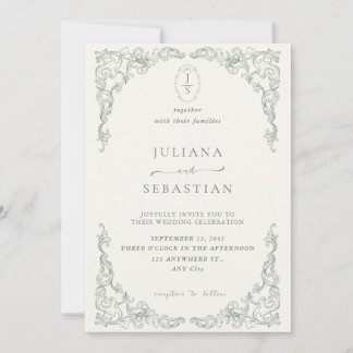 Élégante invitation de mariage florale verte vinta