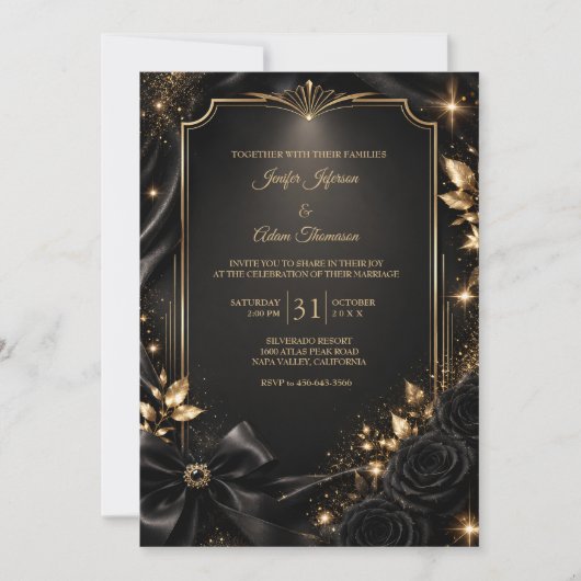 Élégante invitation de mariage noir et or (Devant)