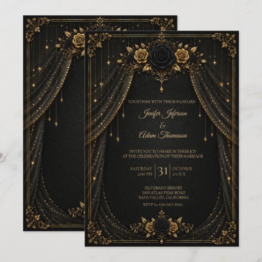 Élégante invitation de mariage noir et or (Devant / Derrière)