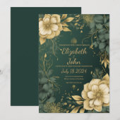 Élégante invitation de mariage or et vert. (Devant / Derrière)