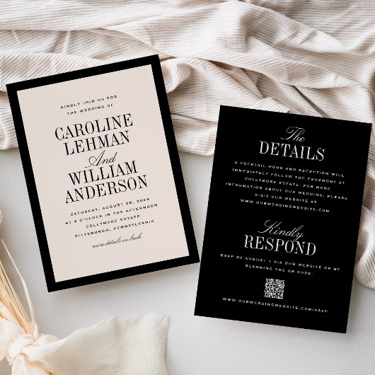 Élégante invitation de mariage recto-verso noire