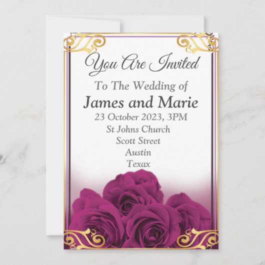 Elégante invitation de mariage, roses violets (Devant)