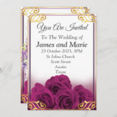 Elégante invitation de mariage, roses violets (Devant / Derrière)