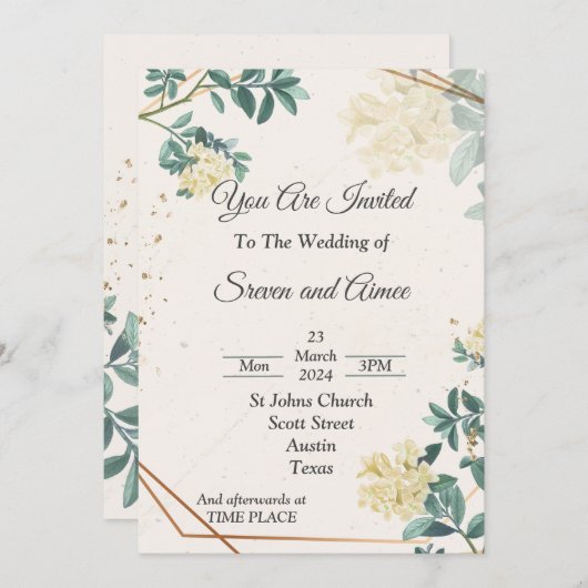 Elégante invitation de mariage, simple vert beige (Devant / Derrière)
