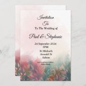 Elégante invitation de mariage, vert, feuilles ros (Devant / Derrière)