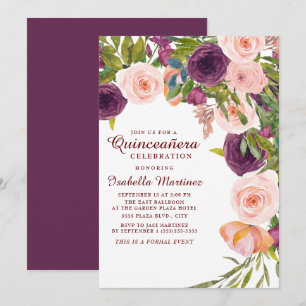 Élégante invitation de Quinceañera florale rose bu