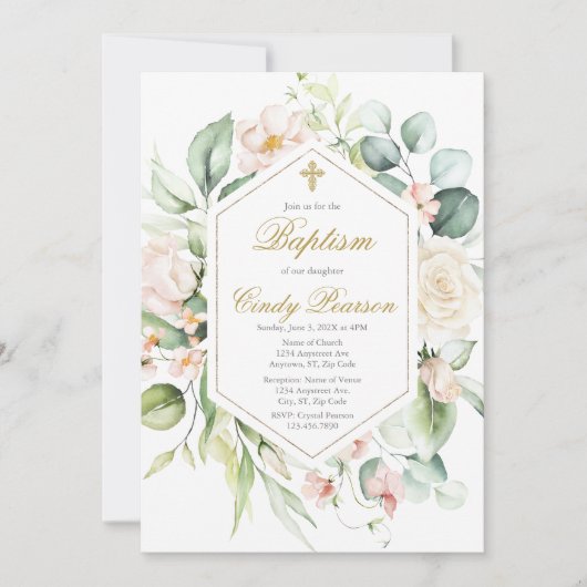 Élégante invitation florale Baptême fille (Devant)