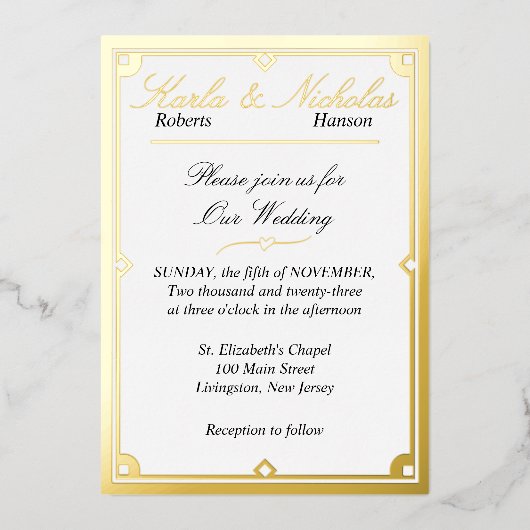 Elégante invitation Mariage Art Déco Blanc (Recto)
