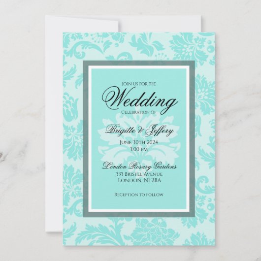 Elégante invitation mariage damassé turquoise (Devant)
