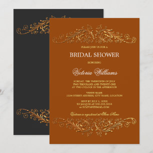 Élégante invitation orange aux tourbillons en or a