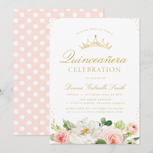 Elégante invitation Quinceanera rose floral (Devant / Derrière)