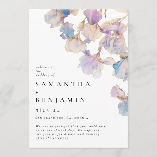 Elegante iris bloemenbruiloft programma (Voorkant)