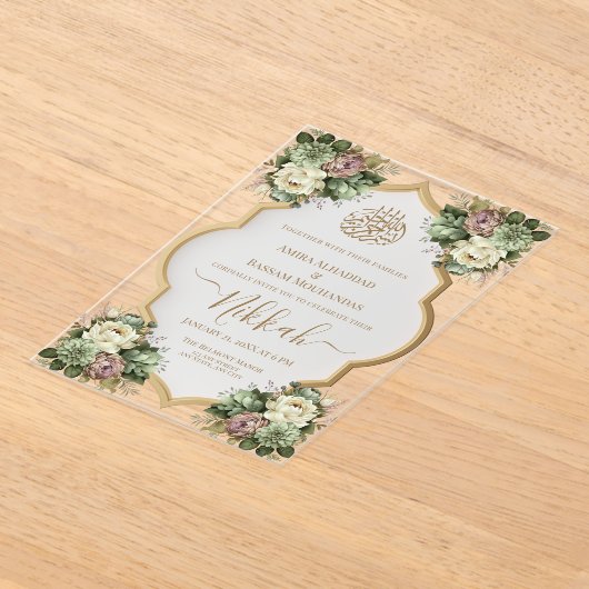 Elegante Islamitische Bloemen Nikkah Acryl Uitnodigingen (Laagn)