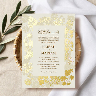 Elegante islamitische trouwdag met bloemen folie uitnodiging