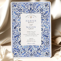 Elegante Italiaanse Blauwe Tegel Aquarel Bruiloft